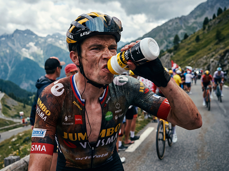 Cyclist taking a swig from his bottle